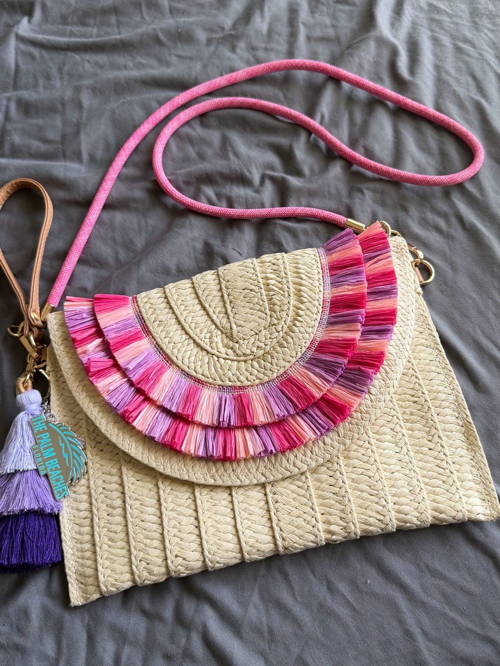 Woven Straw Clutch with Pink Tassel Fringe